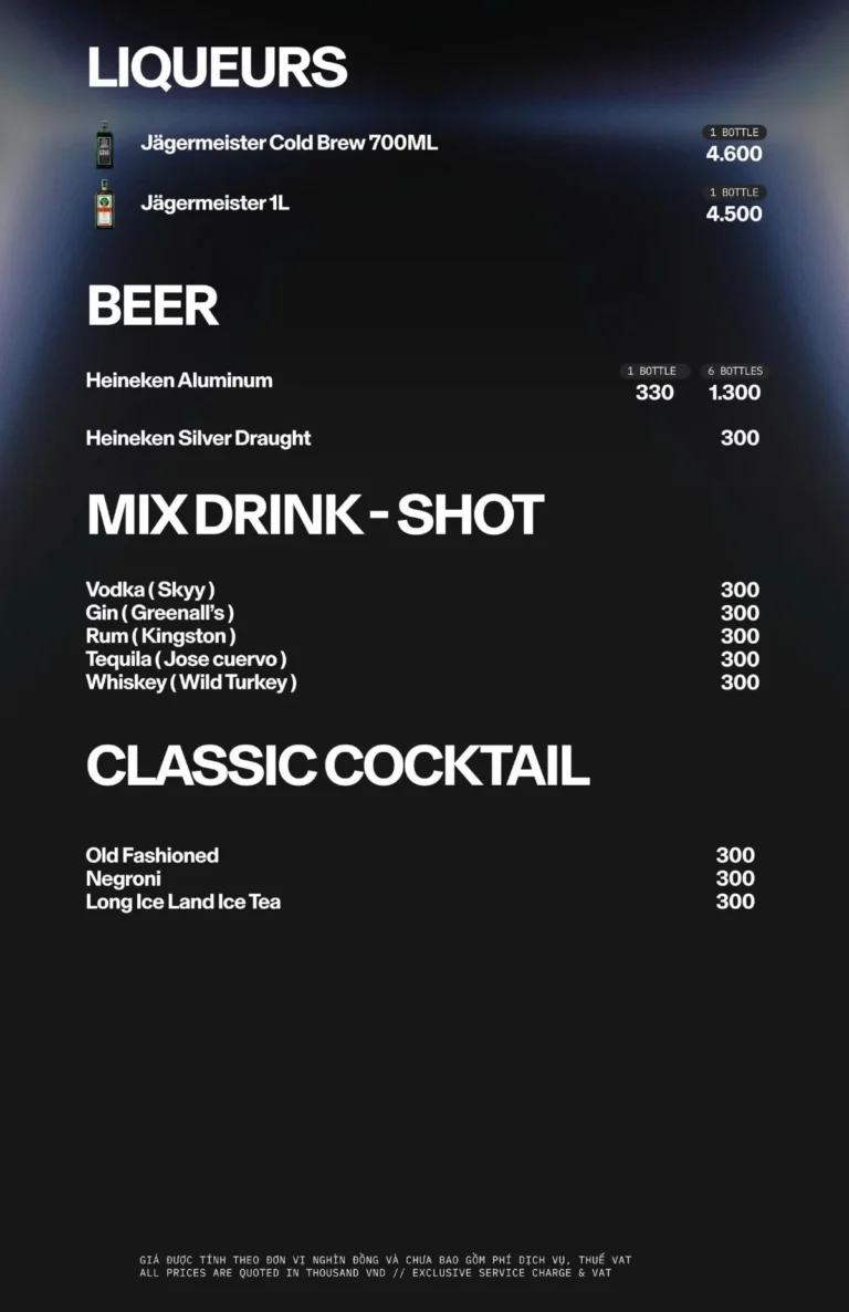 Menu APLUS SAIGON – Liqueur, bia, shot, cocktail