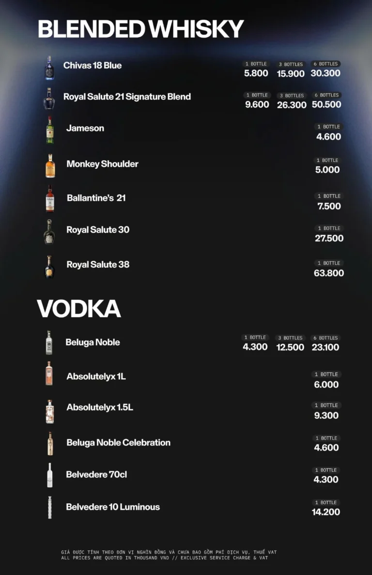 Menu APLUS SAIGON – Blended whisky và vodka