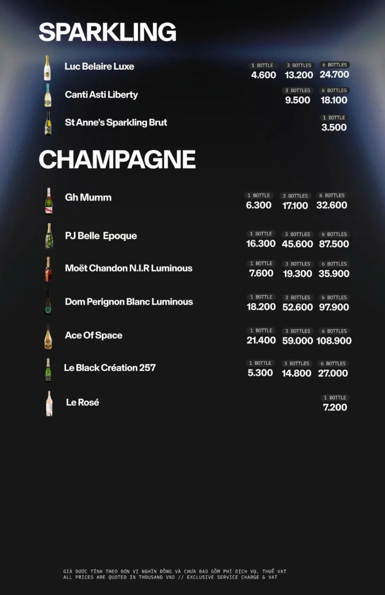 Menu APLUS SAIGON – Sparkling và champagne